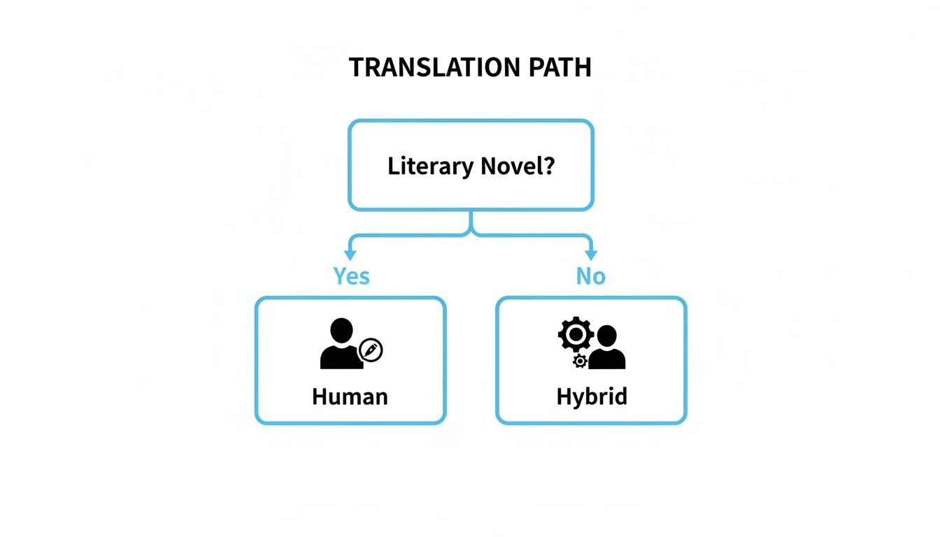 'Translation Path' शीर्षक वाला एक फ़्लोचार्ट 'Literary Novel?' पूछता है। हां मानव की ओर जाता है, नहीं हाइब्रिड की ओर जाता है।