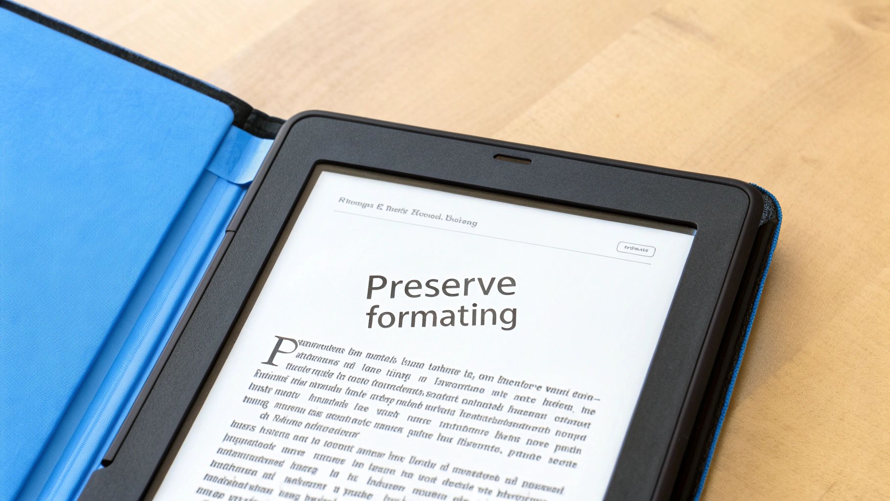 Close-up of an e-reader displaying 'Preserve formatting' on its screen, held in a blue case.