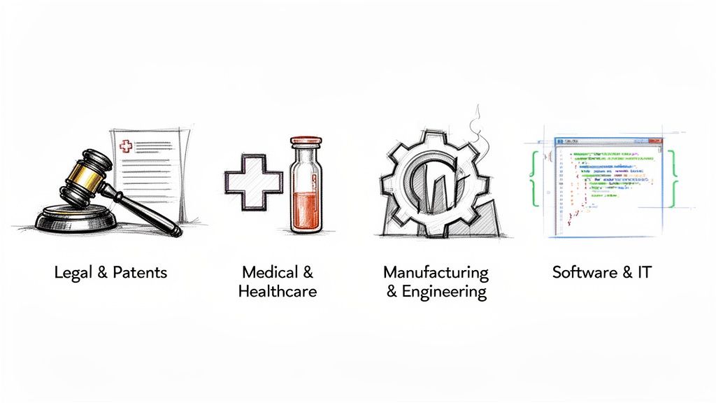 Handritade ikoner som avbildar juridiska, medicinska, tillverknings- och programvaruutvecklingsområden.