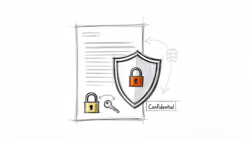 Sketch of a document secured by a shield and padlock, labeled confidential, illustrating data protection.