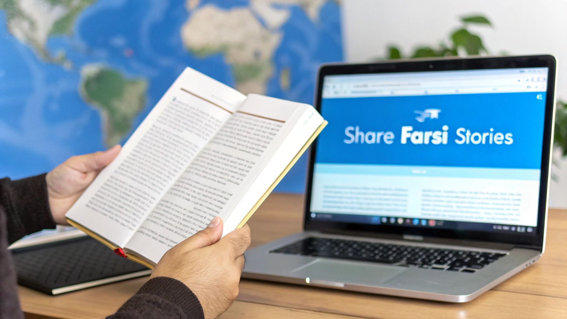Eine Person liest ein offenes Buch neben einem Laptop, auf dem „Persische Geschichten teilen