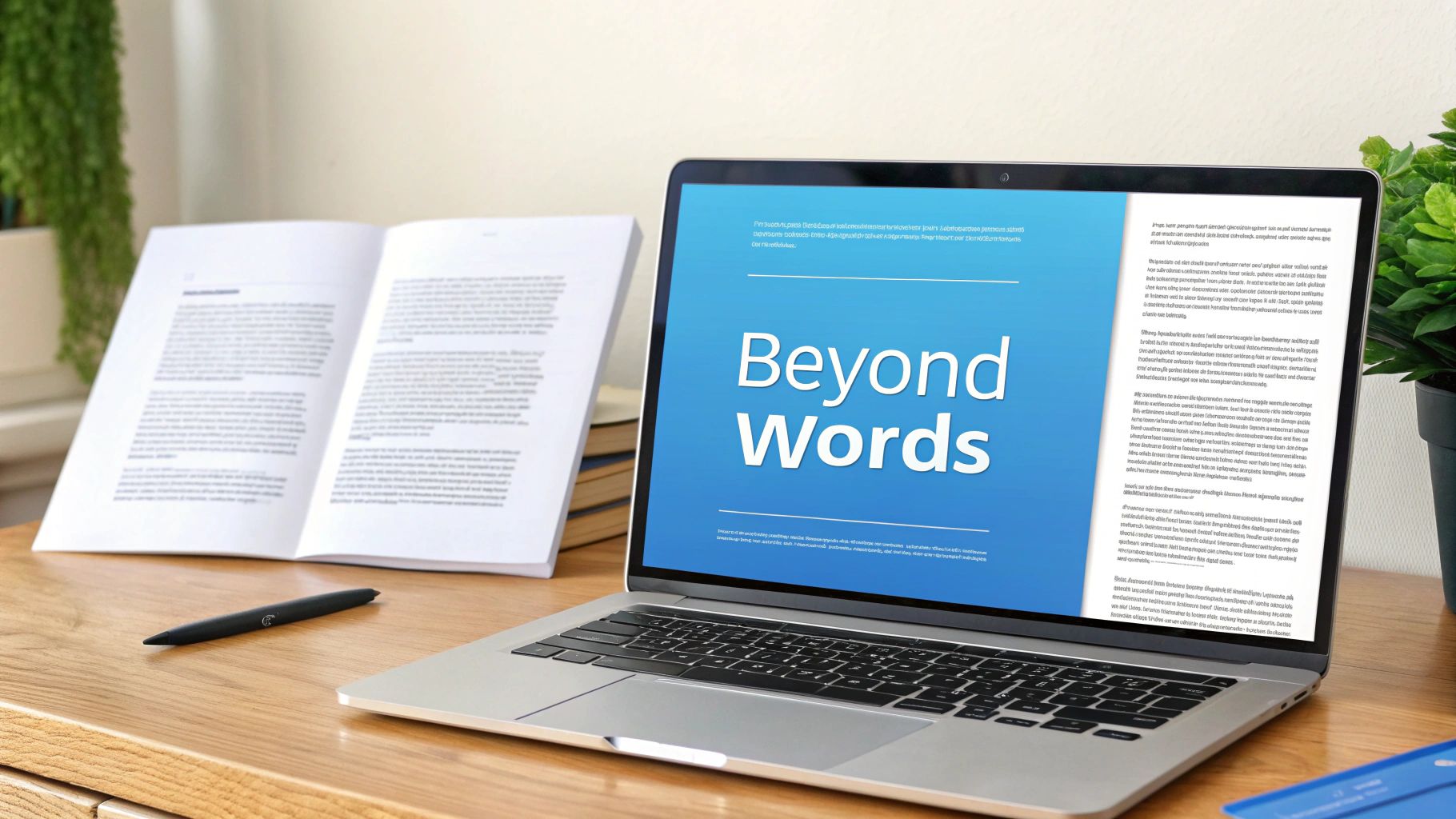 "Beyond Words"가 표시된 노트북이 나무 책상 위에 열린 책과 펜 옆에 놓여 있다.