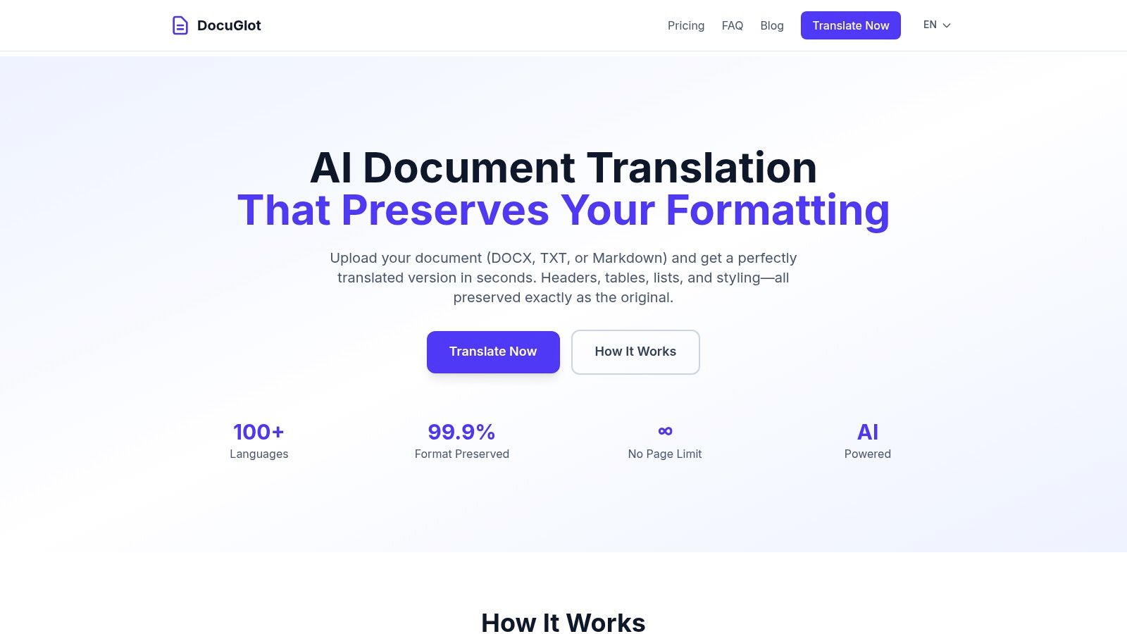 A screenshot of the DocuGlot online document translator interface, showing a user uploading a file.