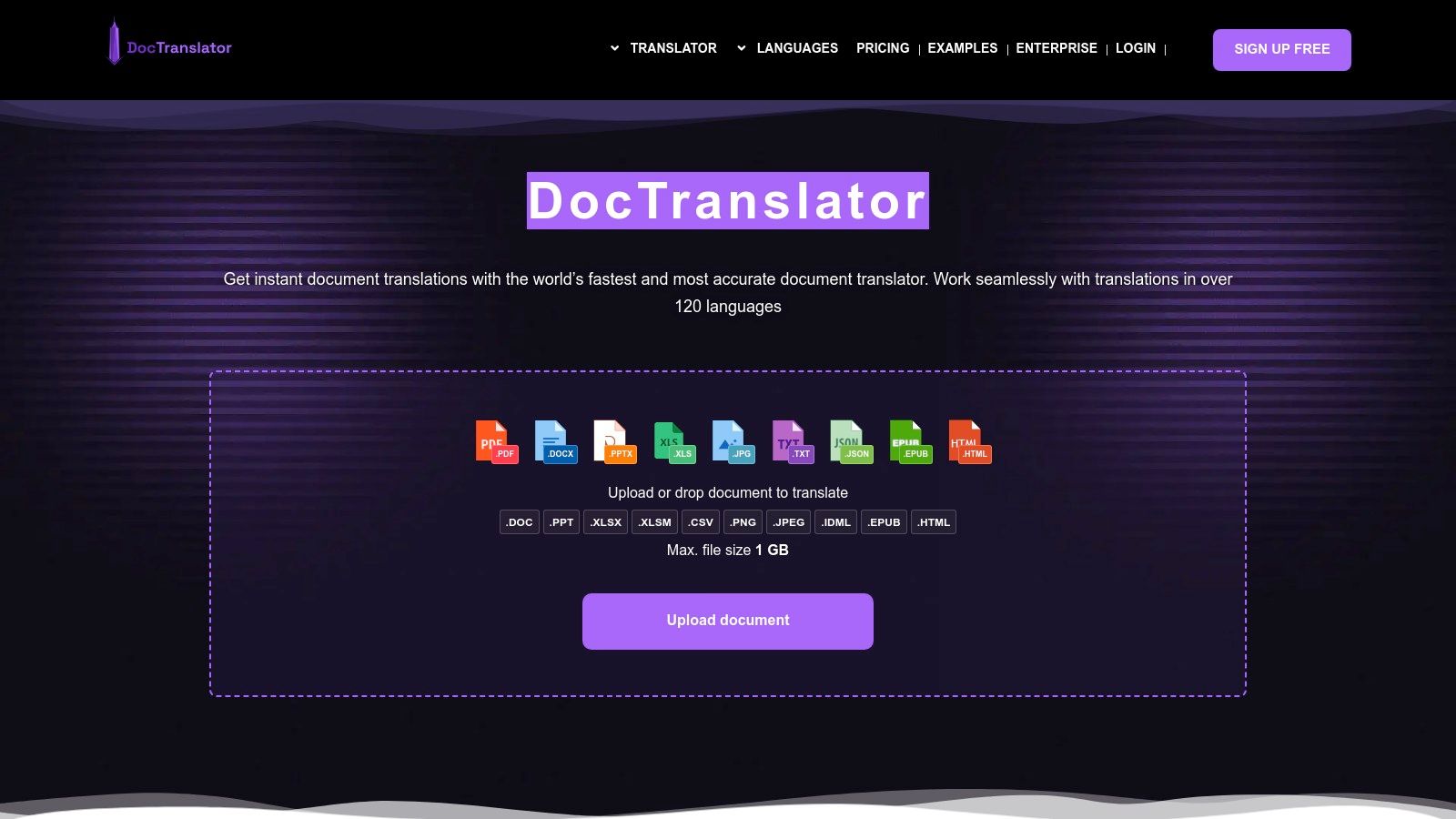 Interfejs DocTranslator pokazujący opcje przesyłania pliku i wyboru języka