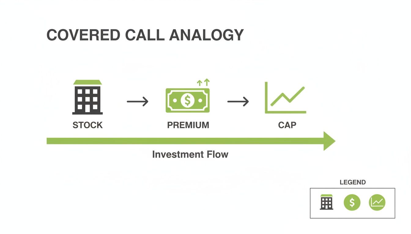 Flow diagram illustrates covered call analogy: Stock generates Premium, which leads to a Cap on gains.