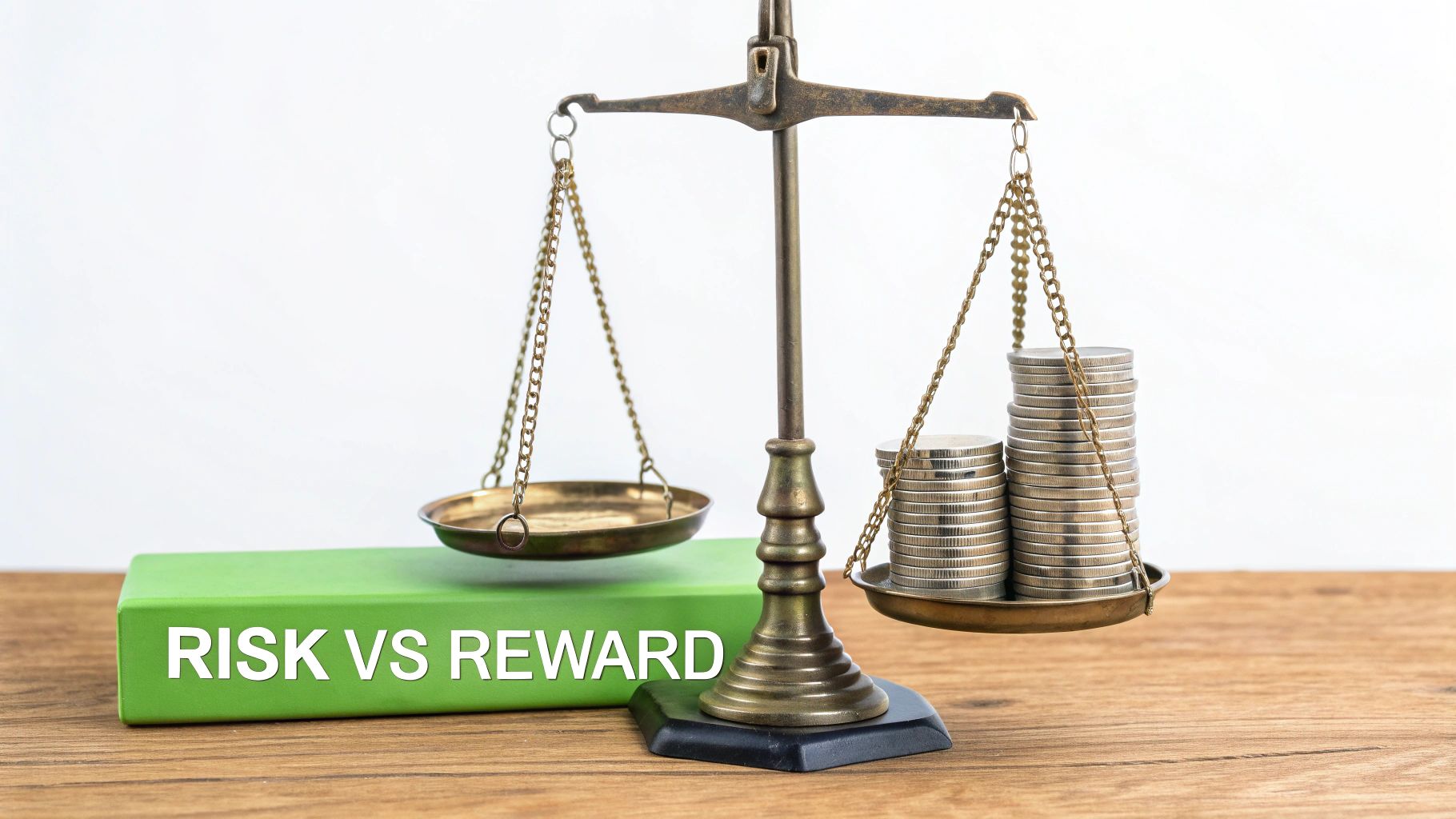 A balance scale weighing a small stack of coins against a larger stack, with 'RISK VS REWARD' text.