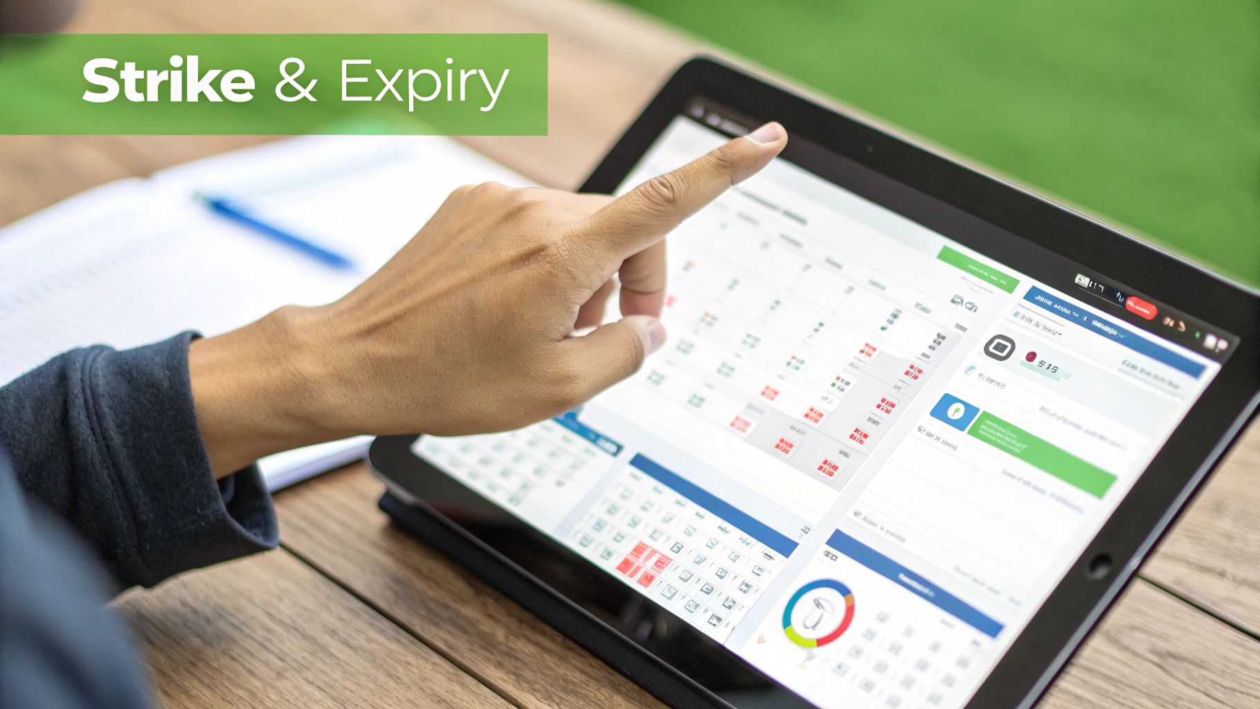 A person's hand points to a tablet screen displaying financial data, charts, and 'Strike & Expiry' text.