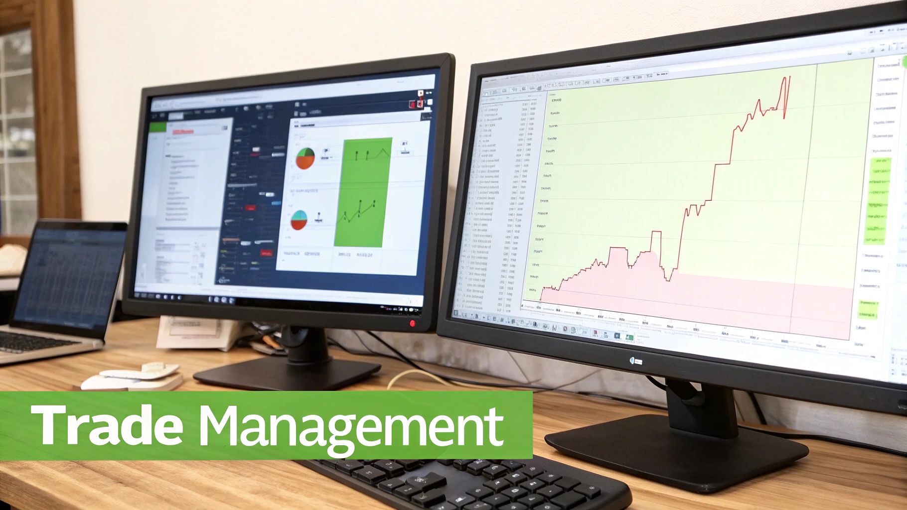 Dual monitor trading desk setup displaying financial charts and trade management analytics dashboard