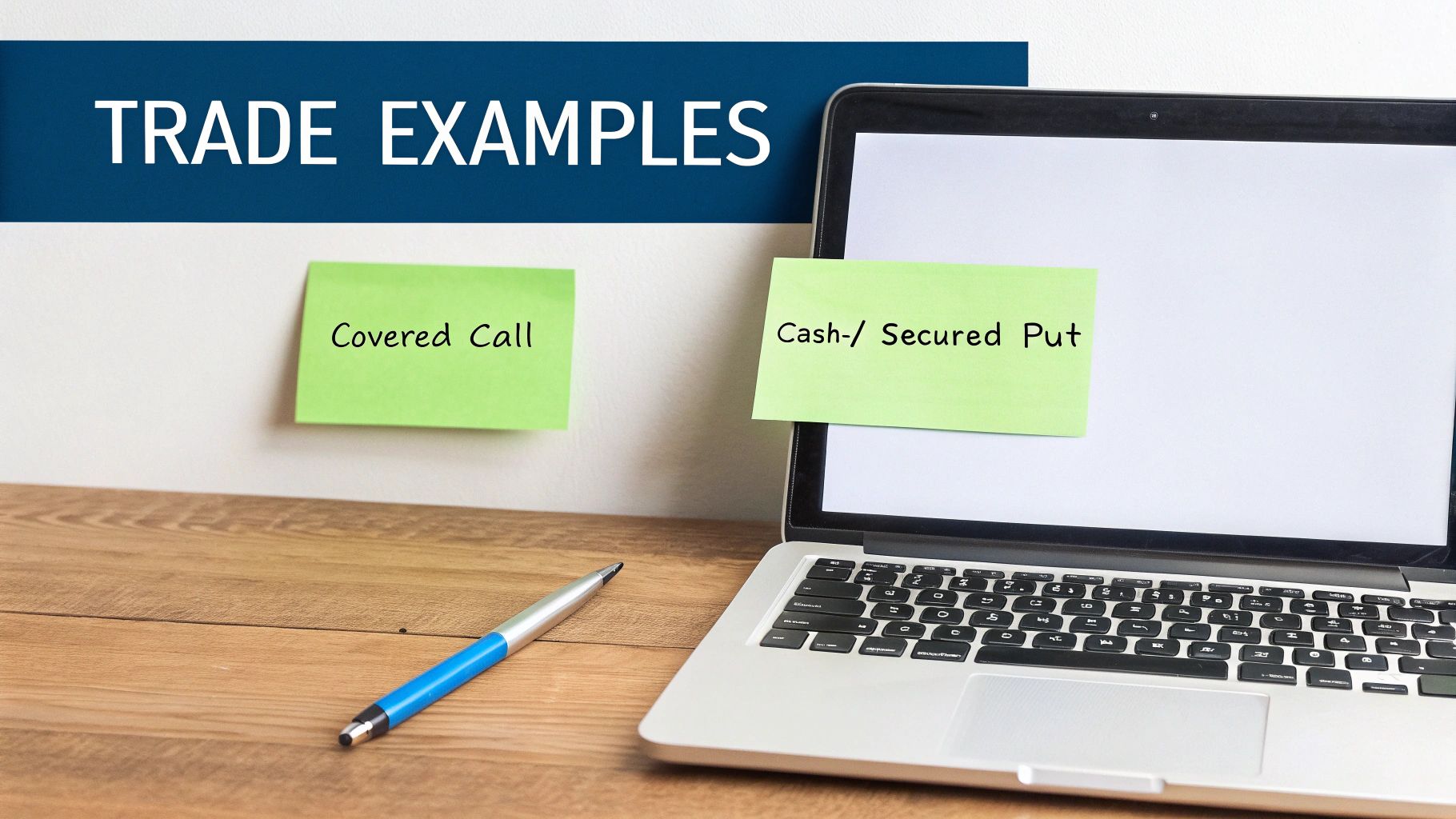 Laptop and sticky notes display trade examples: Covered Call and Cash-Secured Put strategies.