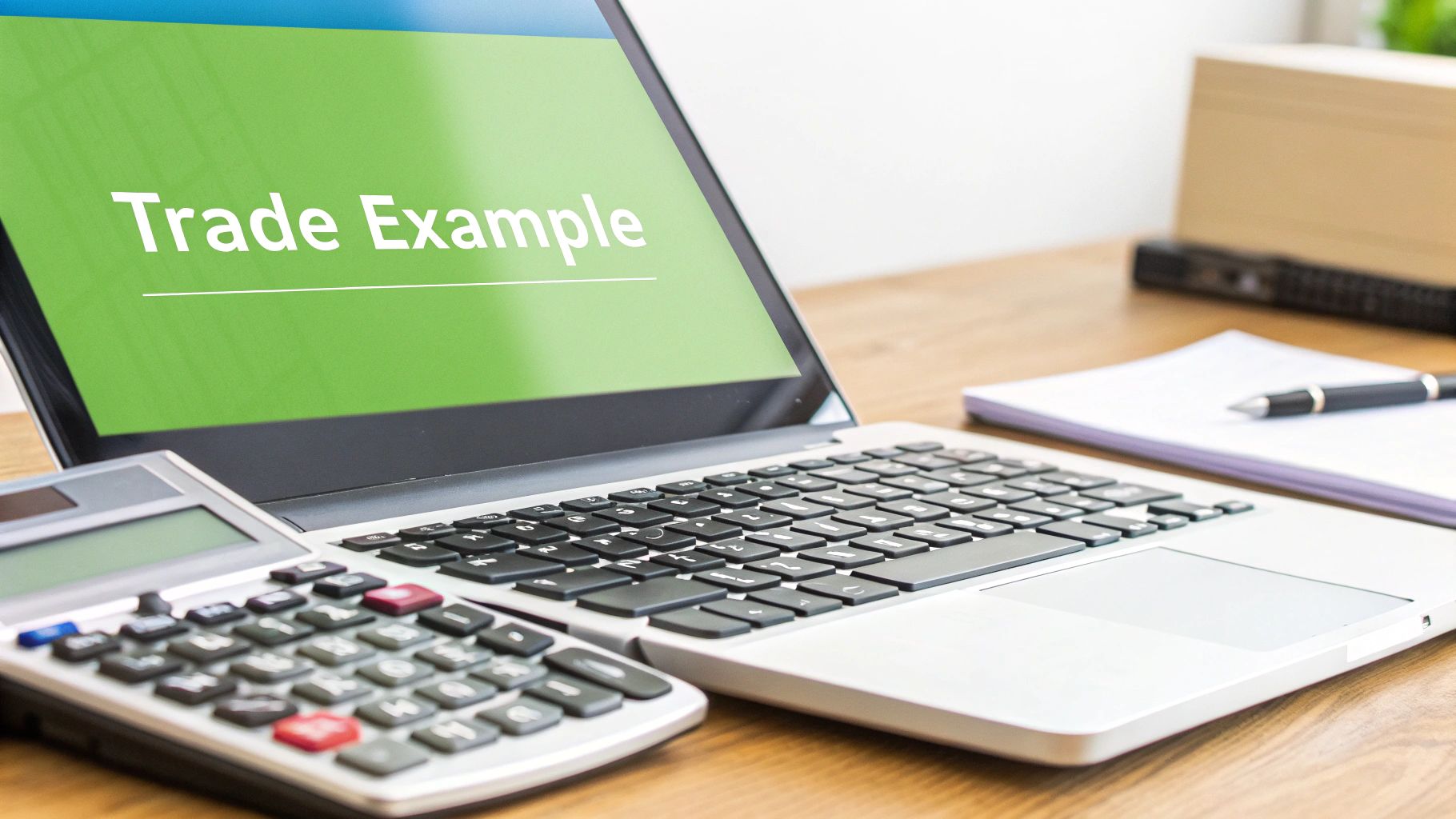 A laptop displaying 'Trade Example' on a green screen, with a calculator, notebook, and pen on a wooden desk.