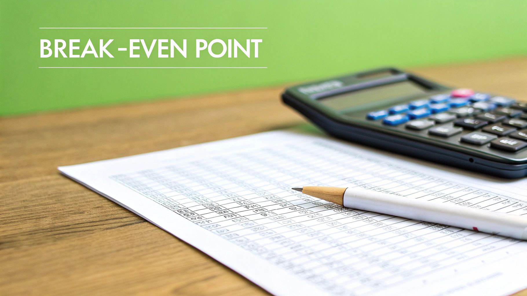 A calculator, pencil, and spreadsheet on a wooden desk, with the text 'BREAK-EVEN POINT'.