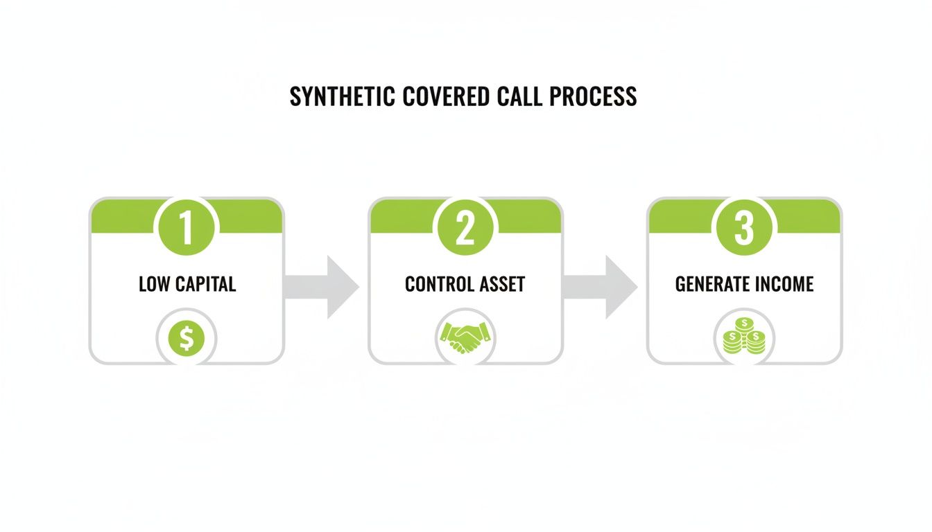 A diagram illustrating the three-step synthetic covered call process: low capital, control asset, and generate income.