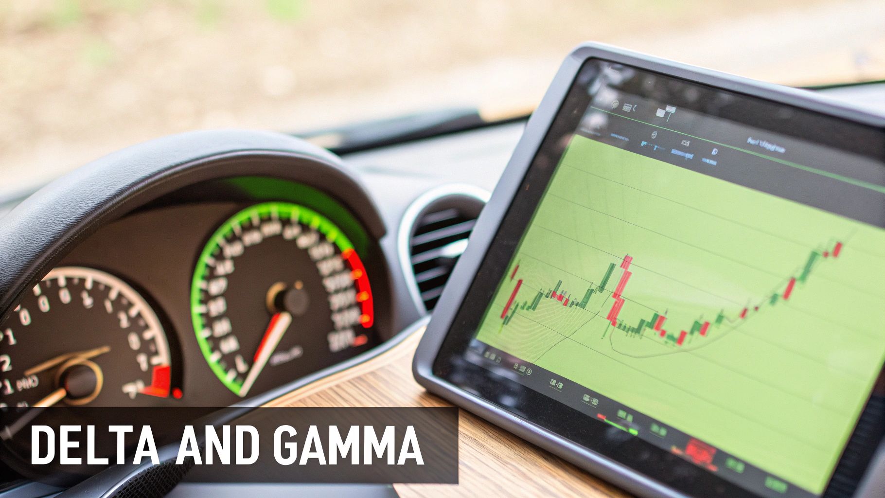 A tablet mounted in a car dashboard displays a financial trading candlestick chart, with 'DELTA AND GAMMA' text overlay.
