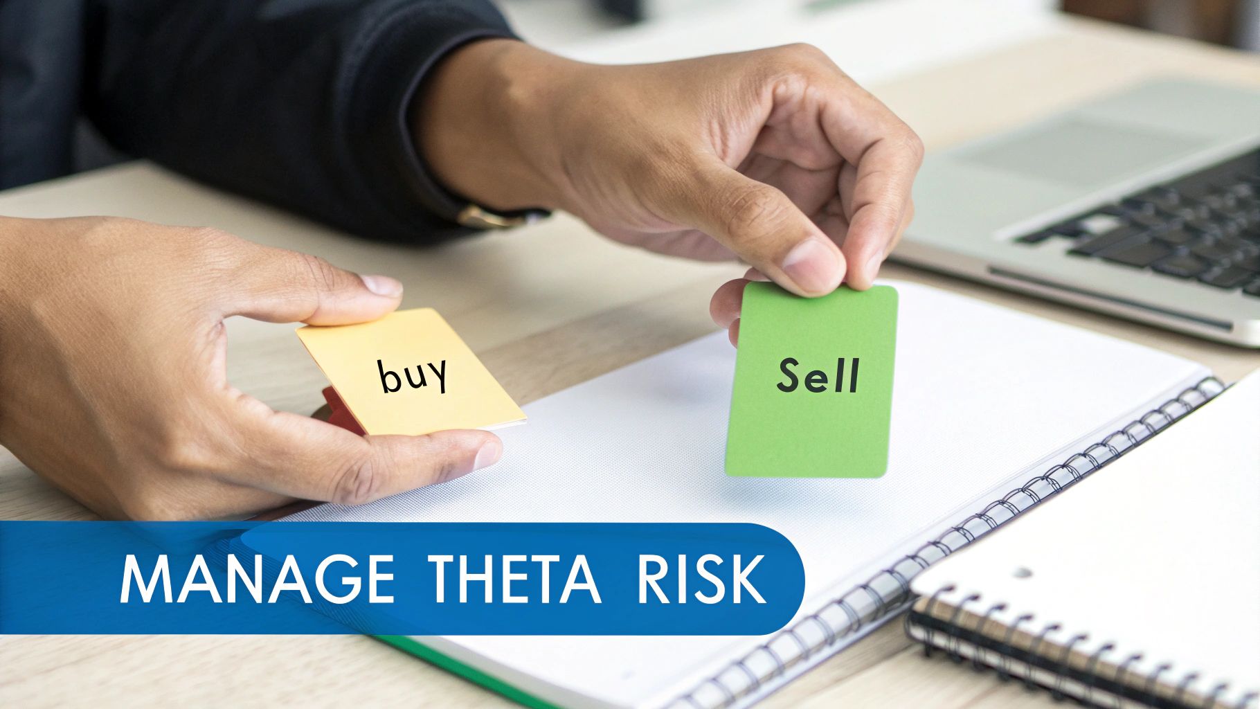 A person adjusting a shield to deflect arrows, symbolizing mitigating risk from time decay.