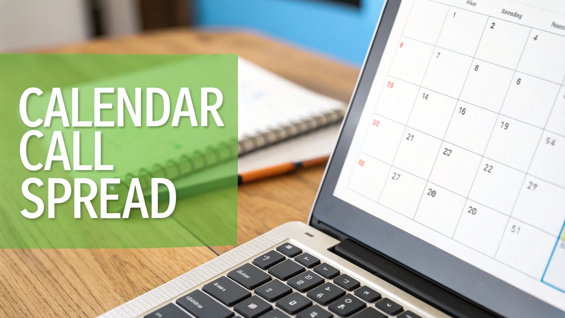 A laptop displaying a digital calendar on its screen, alongside a green graphic with 'CALENDAR CALL SPREAD' text.