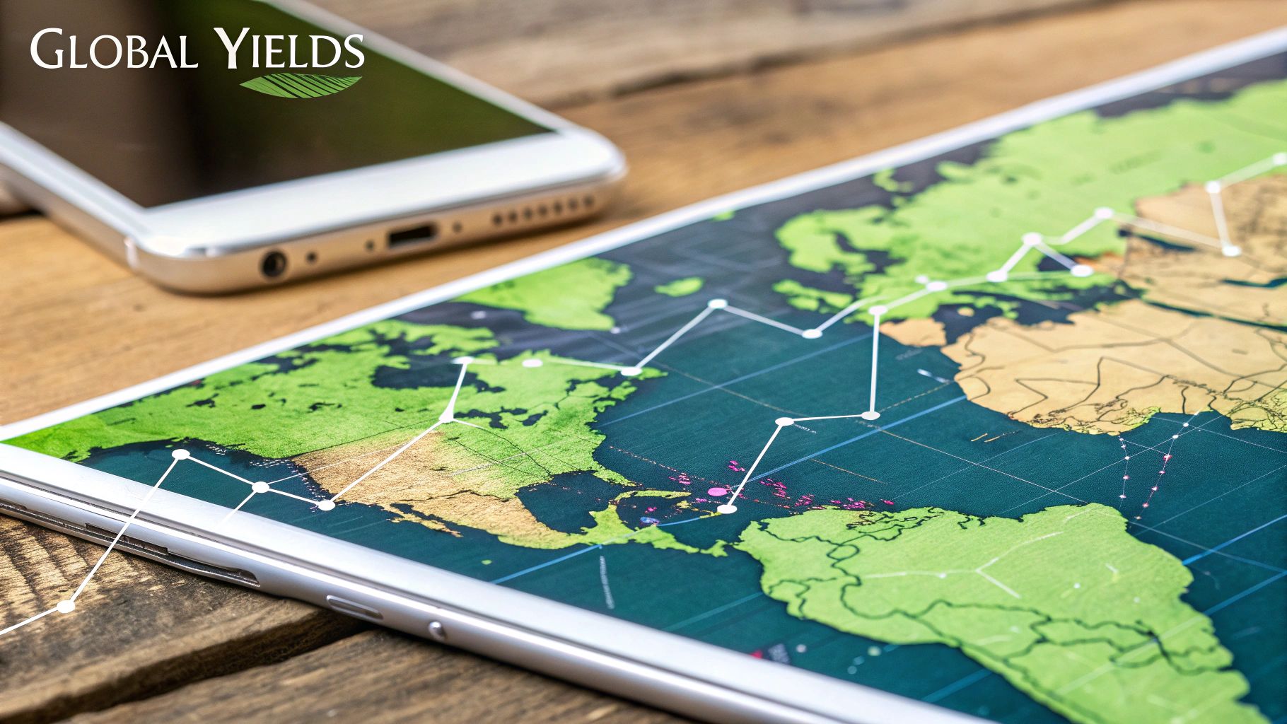 A global map with financial chart overlays, symbolizing international dividend yield comparisons across different markets.