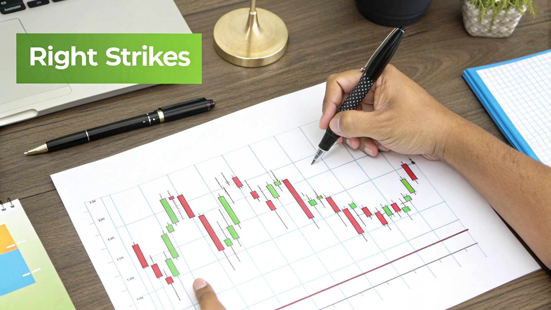 Hand drawing on a financial candlestick chart, illustrating market analysis.