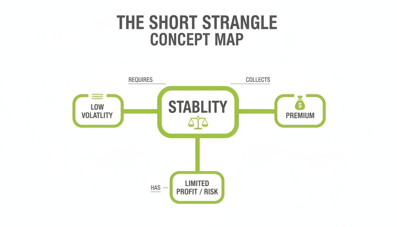 A concept map on the short strangle strategy, highlighting stability requiring low volatility, collecting premium, and having limited profit/risk.