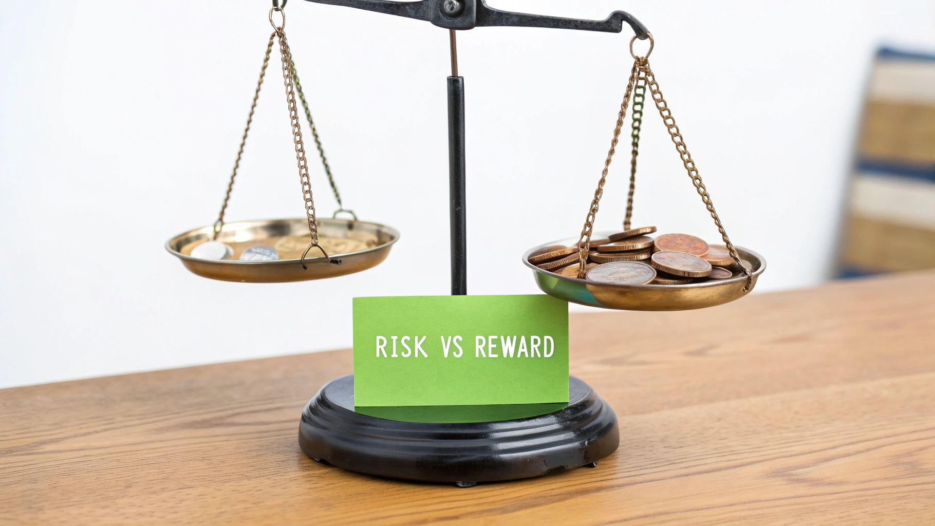 A balance scale with a green 'RISK VS REWARD' card, showing many coins outweighing few.