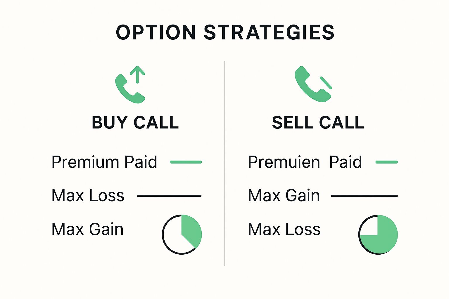 Infographic comparing Buy Call and Sell Call strategies in options trading, showing differences in Premium Paid, Max Loss, and Max Gain.