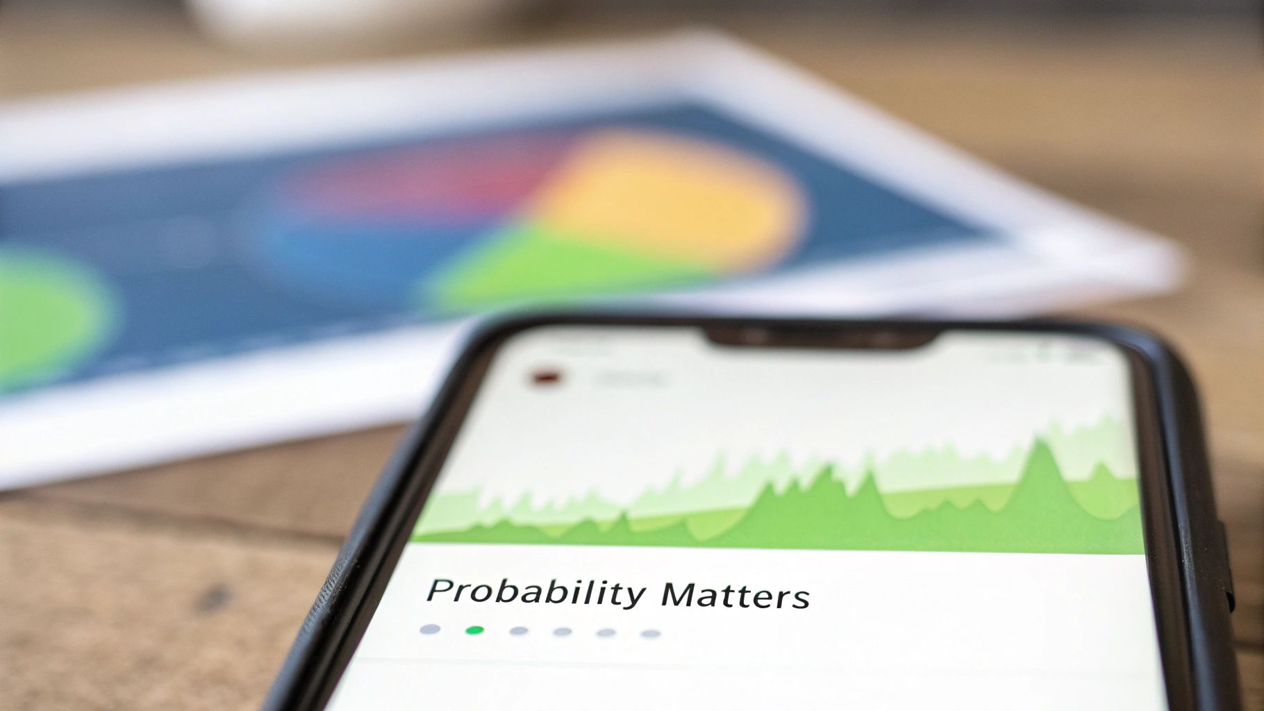 Close-up of a smartphone displaying 'Probability Matters' and a green graph, with a blurred pie chart in the background.