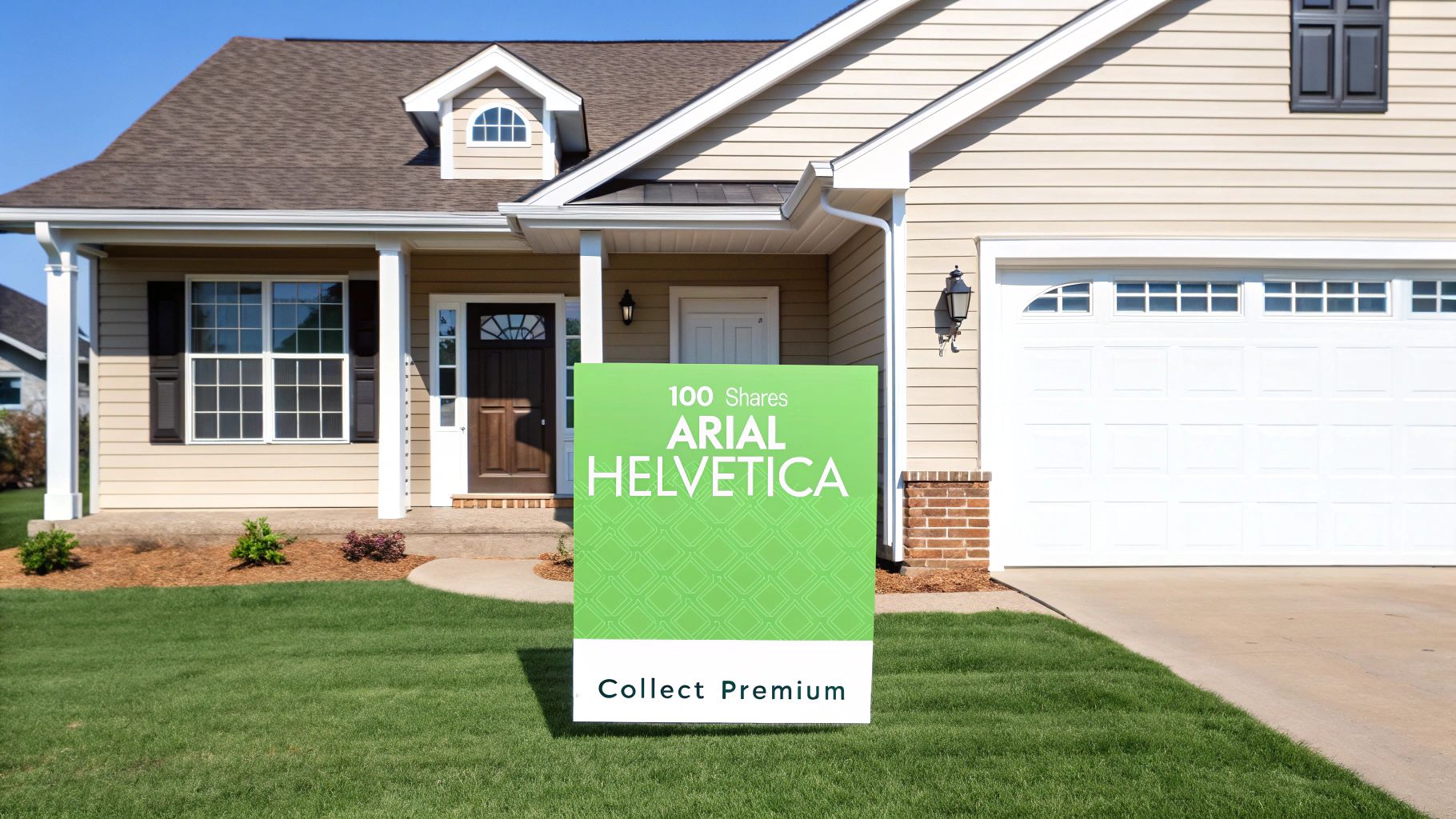 A house with a green sign in the yard, displaying text about '100 Shares' and 'Collect Premium'.