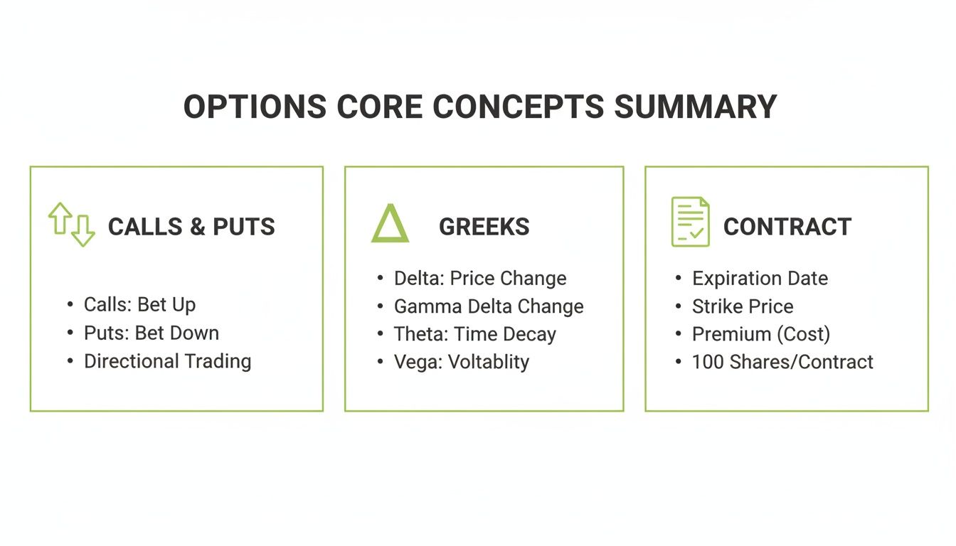 A summary of options trading core concepts, detailing calls, puts, Greeks, and contract elements.