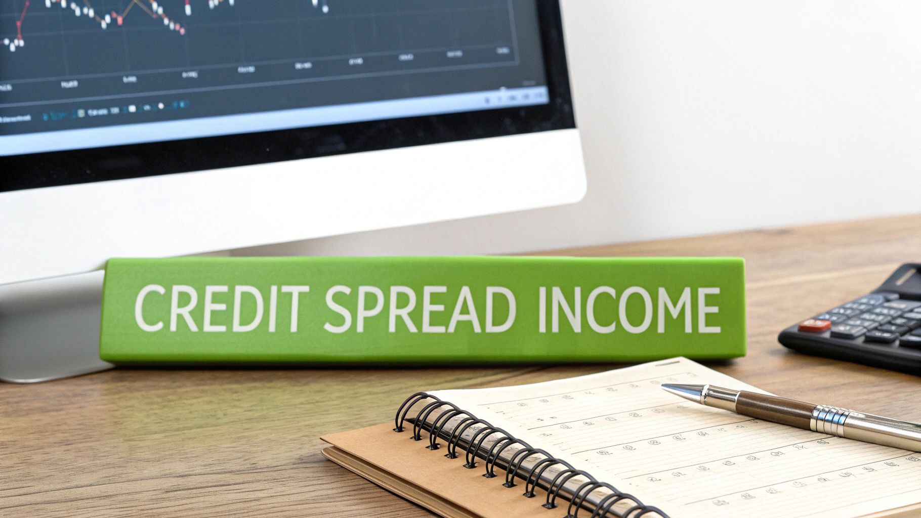 A green sign labeled "CREDIT SPREAD INCOME" on a financial professional's desk with a computer.
