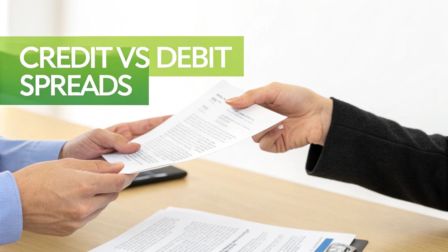Two individuals exchange financial documents across a desk, featuring a 'CREDIT VS DEBIT SPREADS' text overlay.