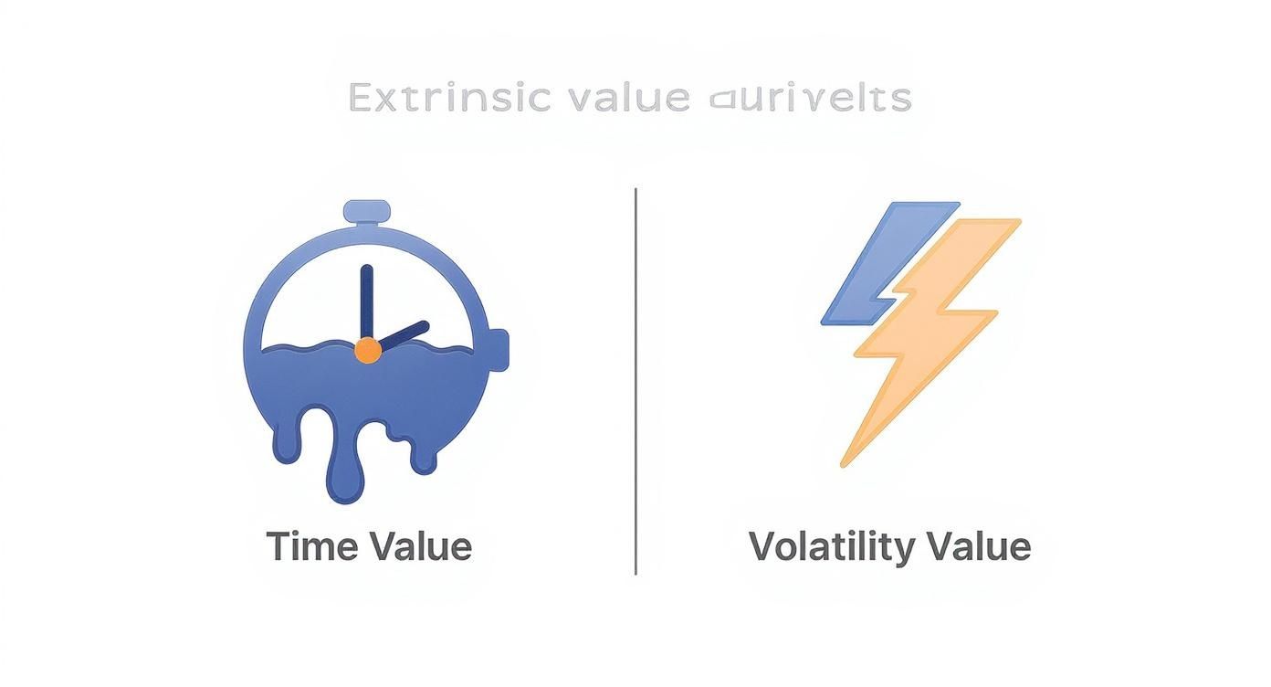 Extrinsic value components showing time value with melting clock and volatility value with lightning bolt icon