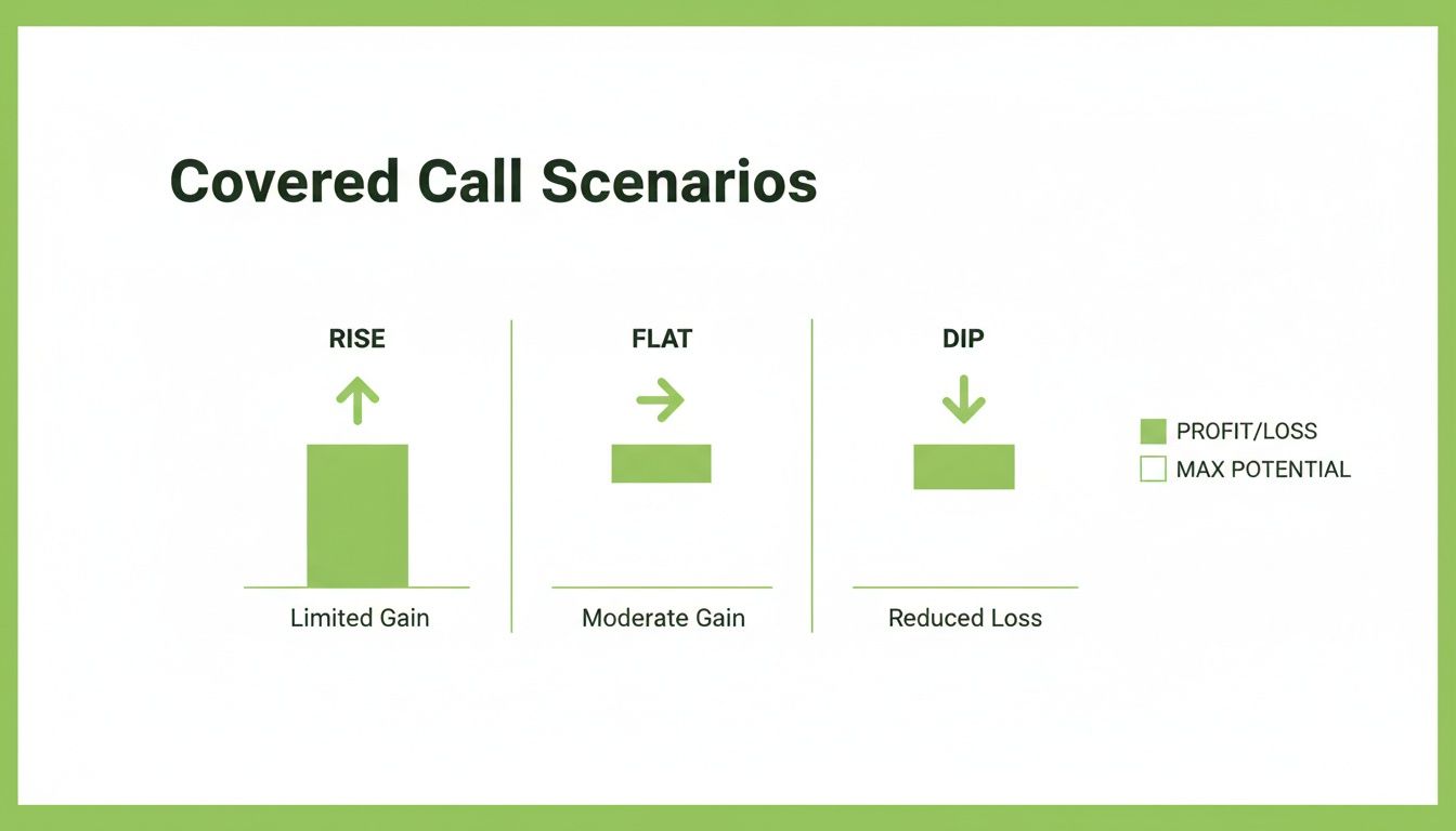 A chart showing covered call scenarios with profit and loss for rising, flat, and dipping markets.