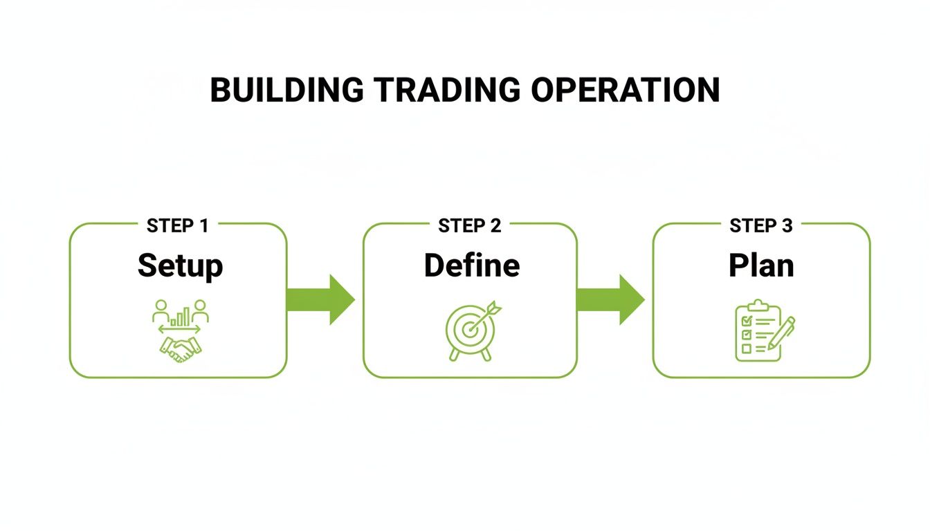 A three-step infographic outlining how to build a trading operation: Setup, Define, and Plan, with icons.