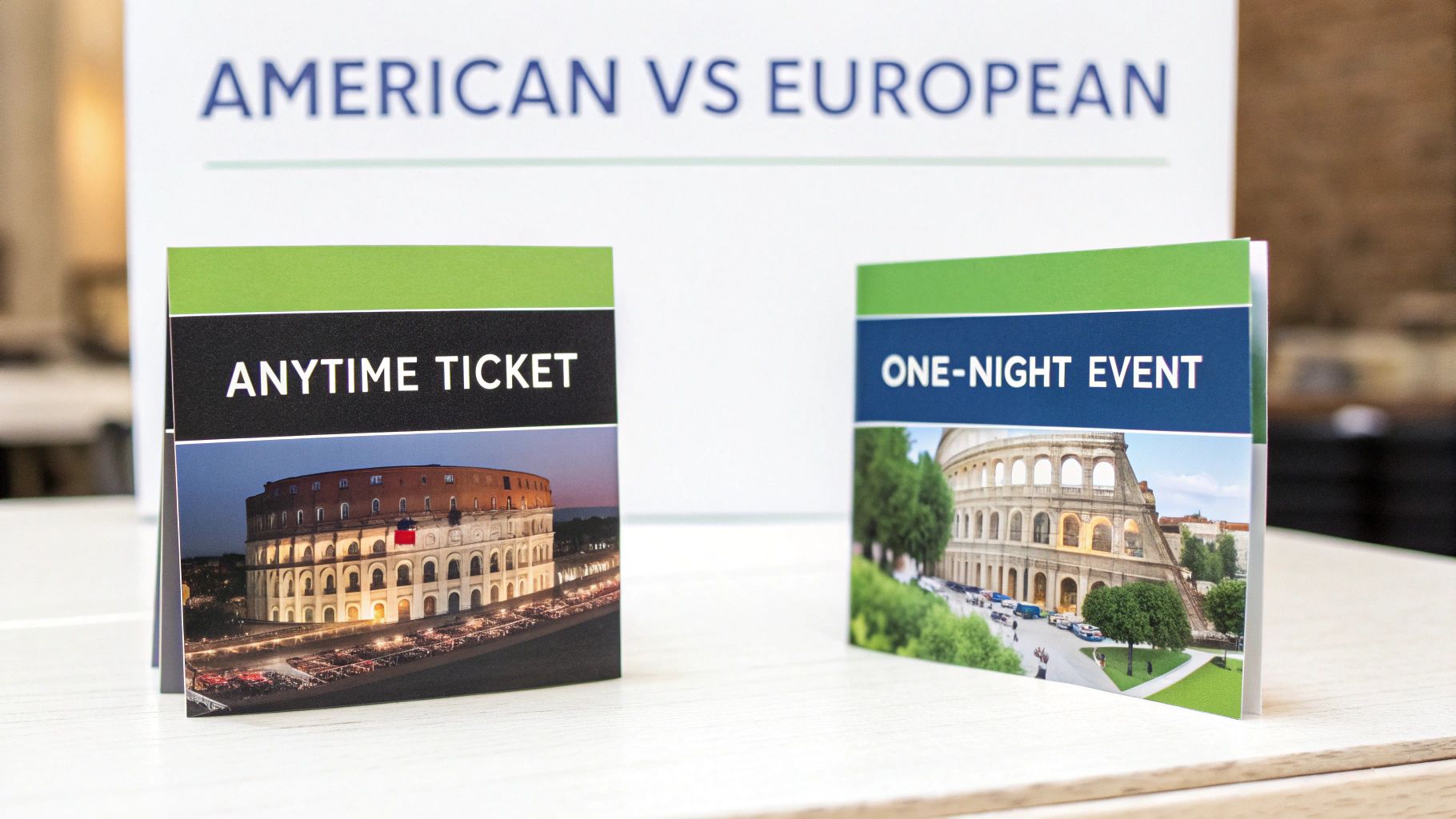 A person comparing two different road signs, symbolizing the choice between American and European options.
