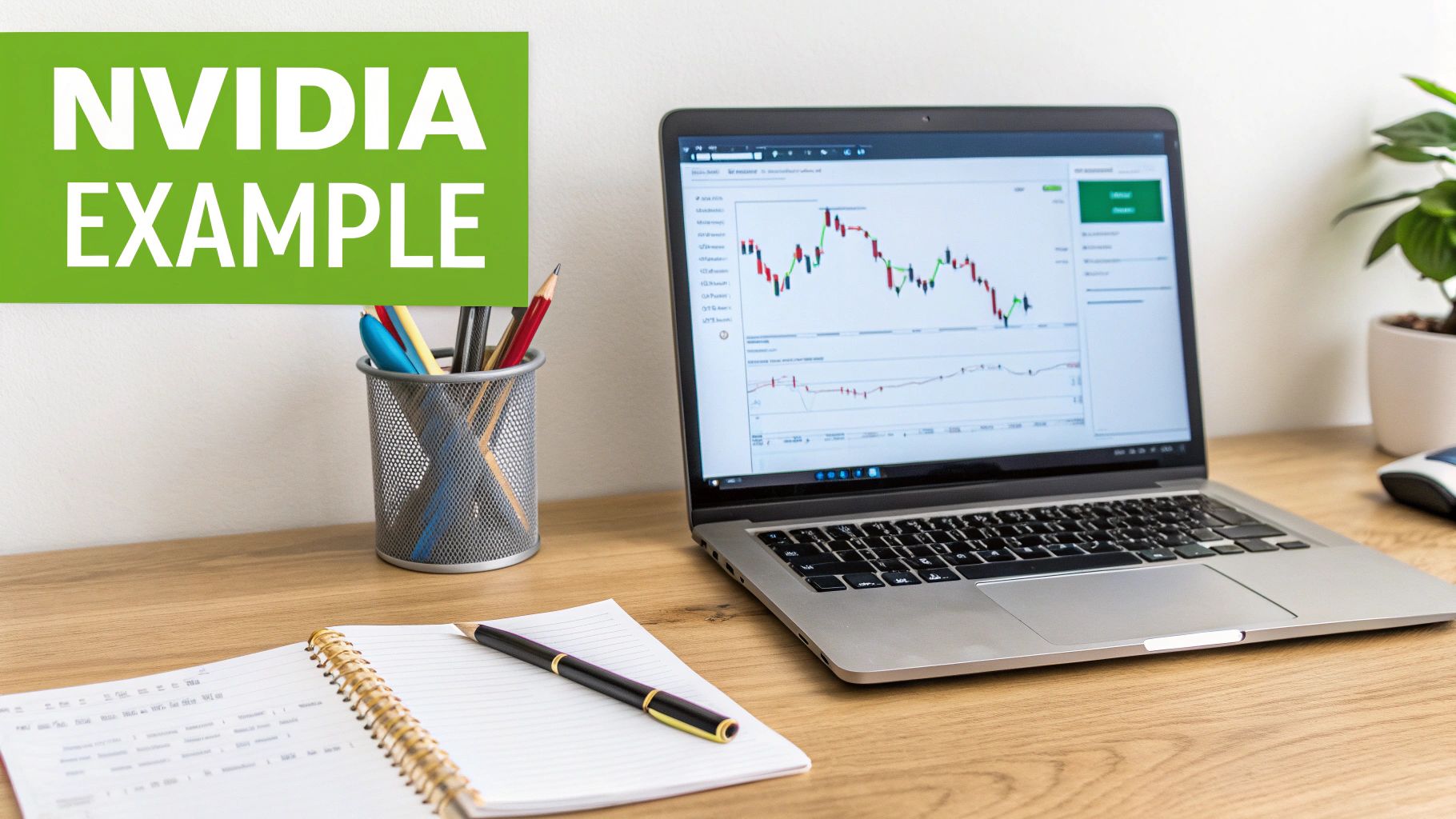 A laptop on a wooden desk displays NVIDIA stock charts, with a notebook, pen, and office supplies.