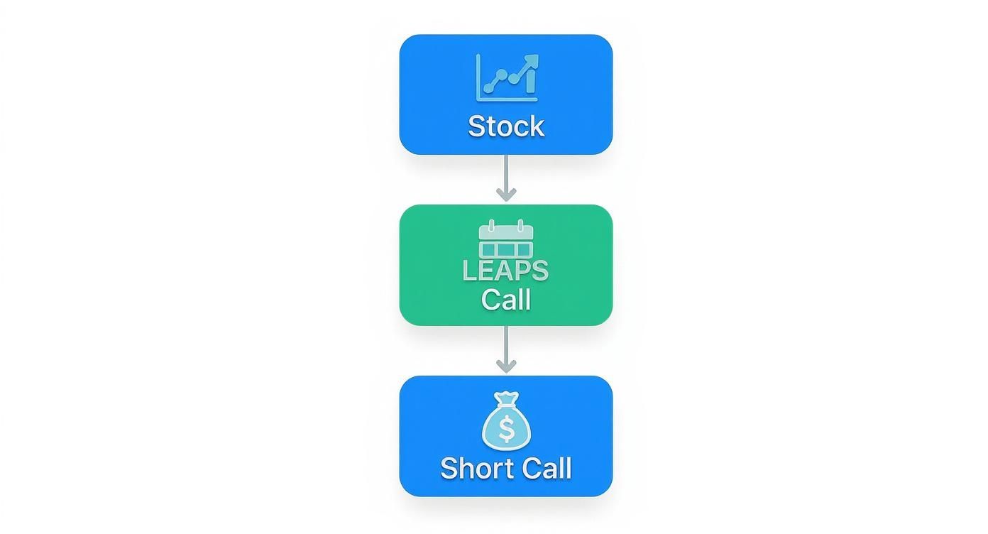 Flowchart showing steps for an options strategy: Stock, LEAPS Call, and Short Call.
