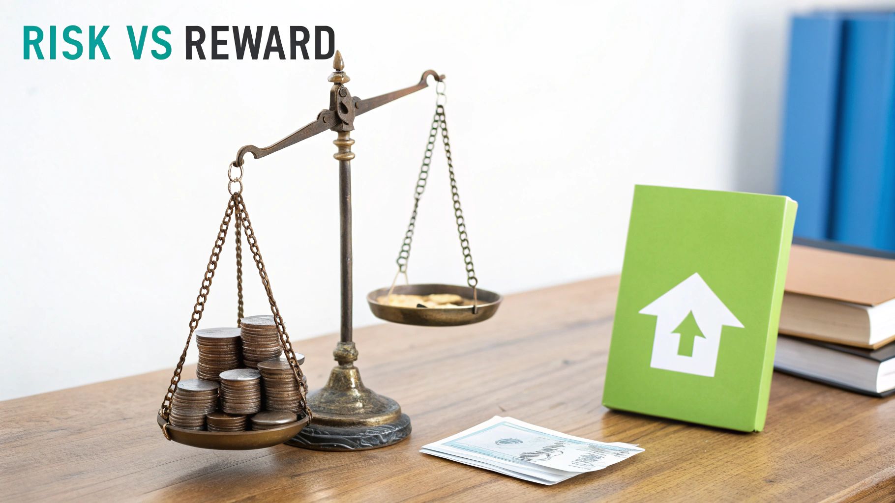 Balance scale with many coins (risk) outweighing fewer gold coins (reward), illustrating financial risk vs reward.