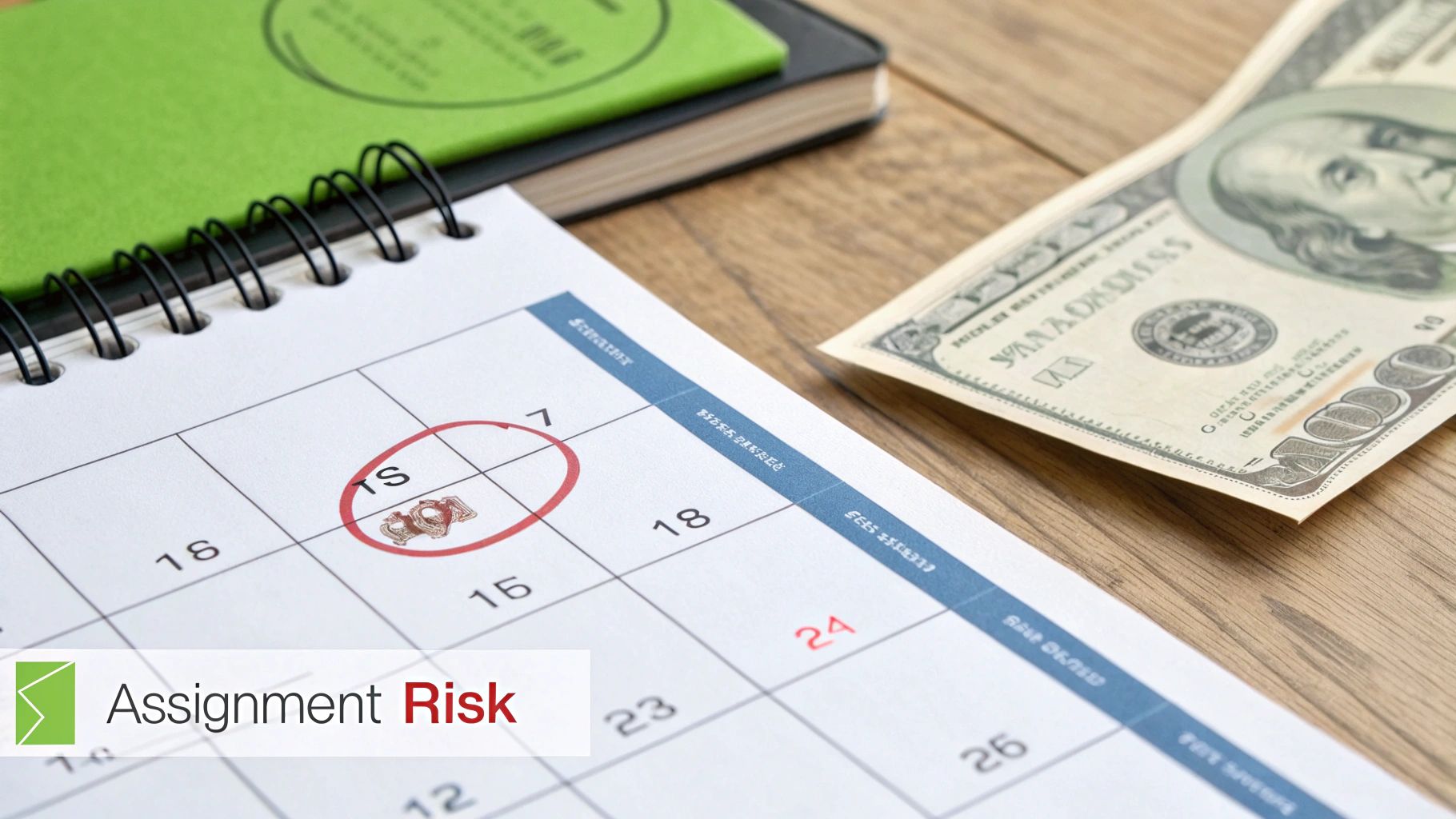 A calendar with a marked date, a hundred-dollar bill, a green notebook, and 'Assignment Risk' logo.