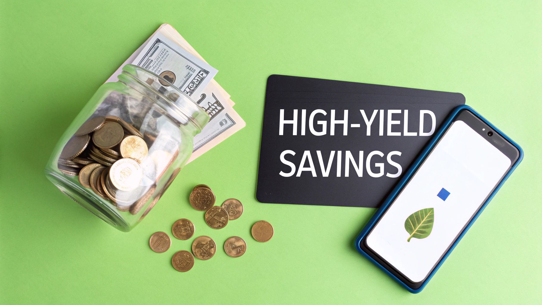 A glass jar with coins and dollar bills, a smartphone, and a 'HIGH-YIELD SAVINGS' sign on green.