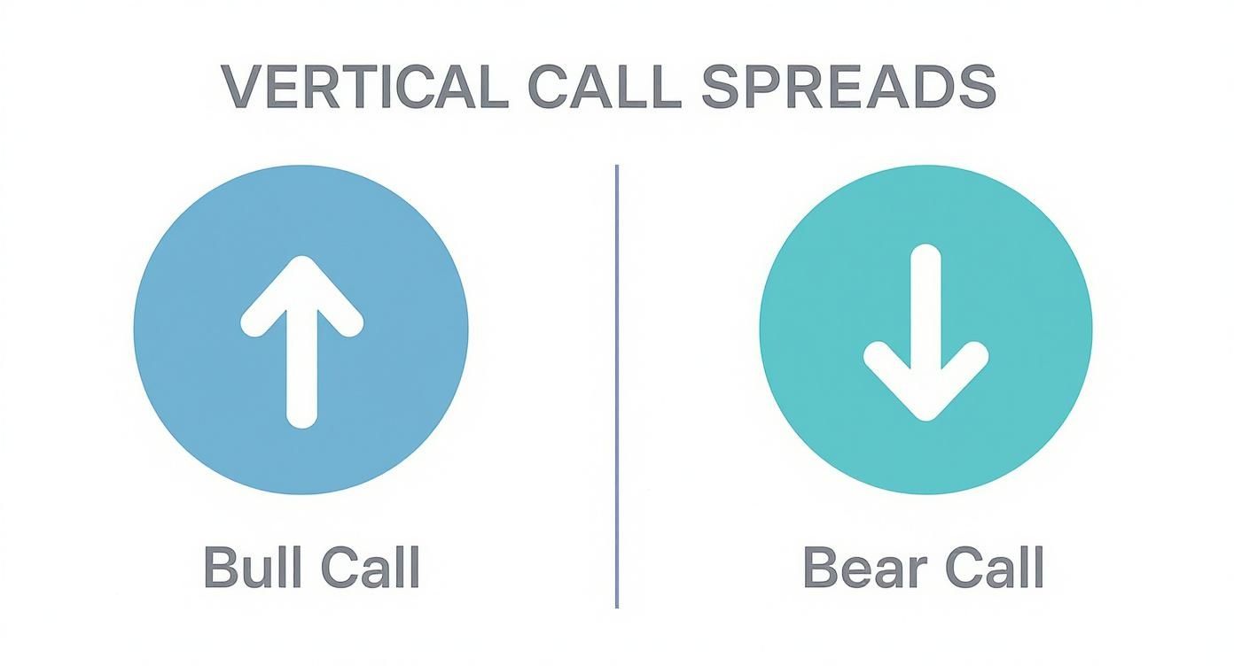 An image illustrating vertical call spreads, showing bull call (up arrow) and bear call (down arrow) strategies.