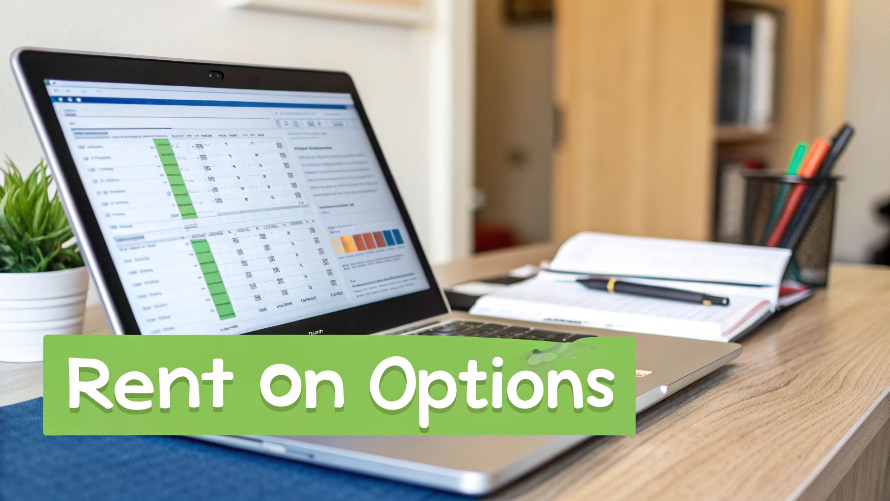 A laptop with a spreadsheet of financial data sits on a desk with a notebook and pens, overlaid with 'Rent on Options'.