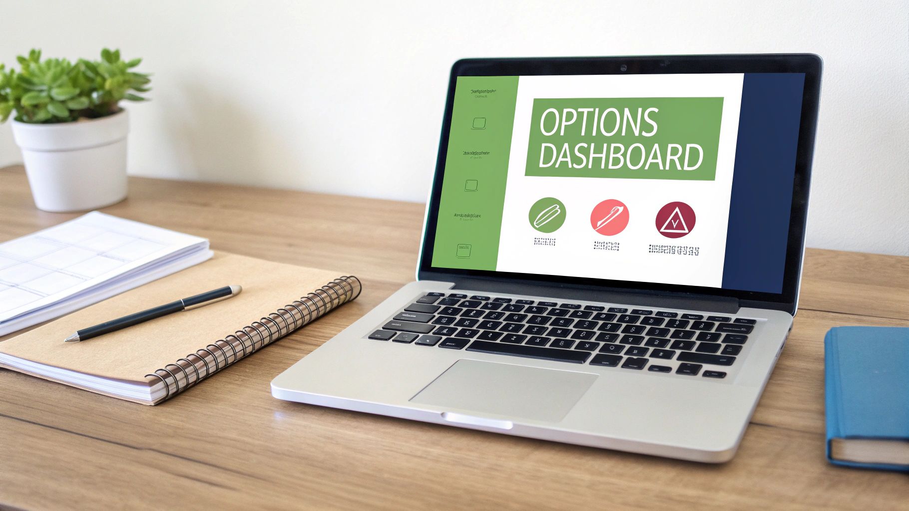 Workspace with a laptop showing an options dashboard, a notebook, pen, and a potted plant.