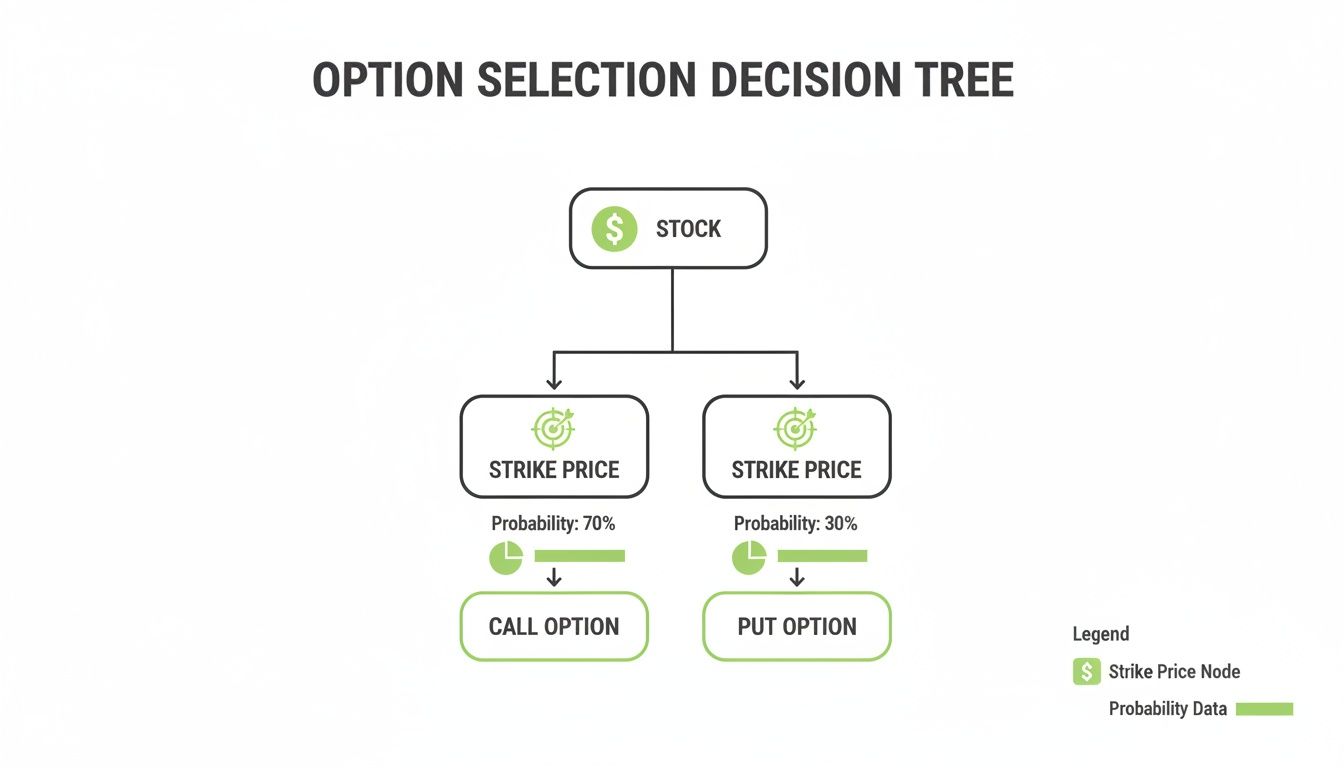 An option selection decision tree illustrating choices for call and put options based on strike price probabilities.