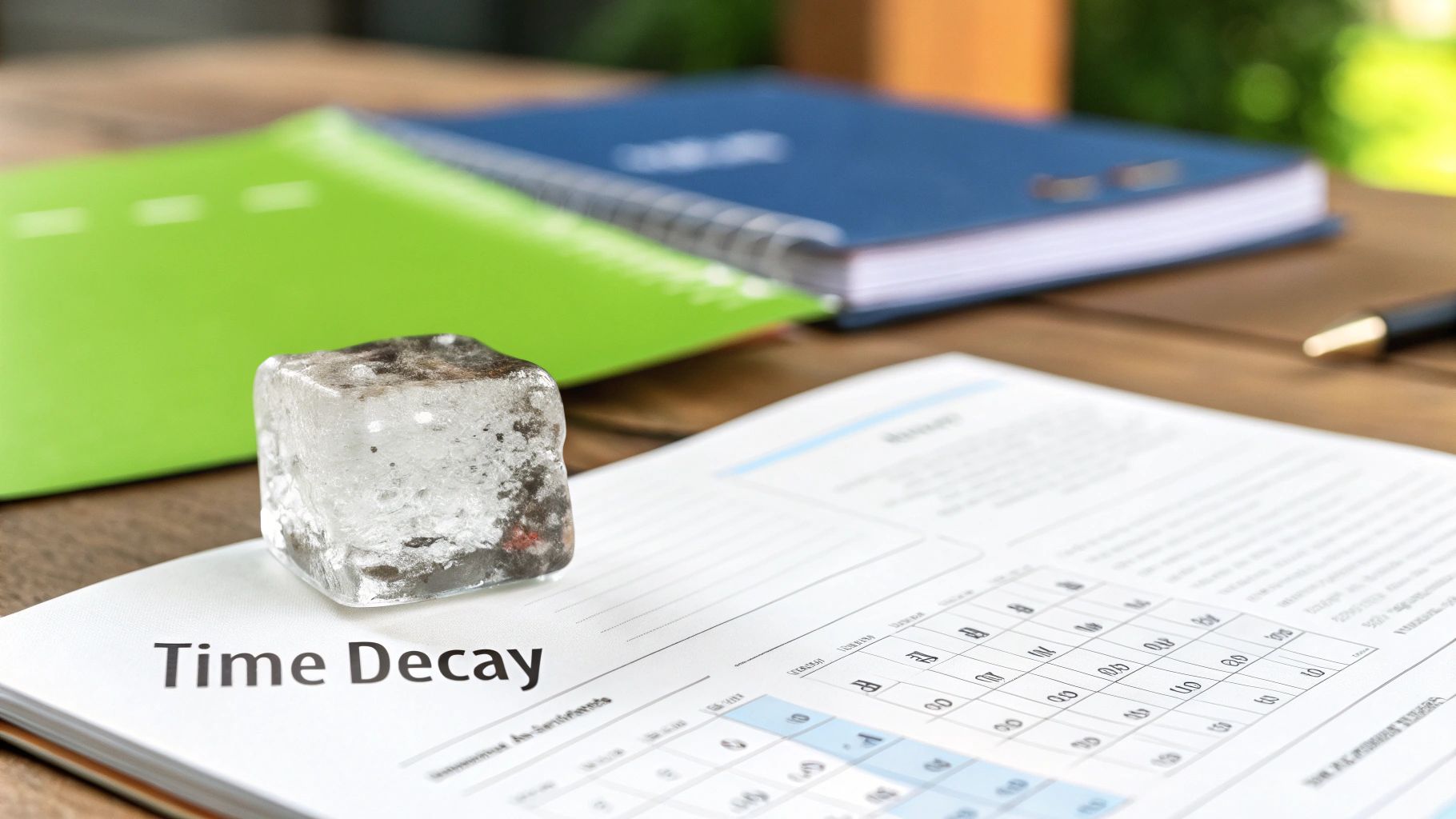 An ice cube melting on a digital clock, symbolizing the steady loss of value over time measured by Theta.