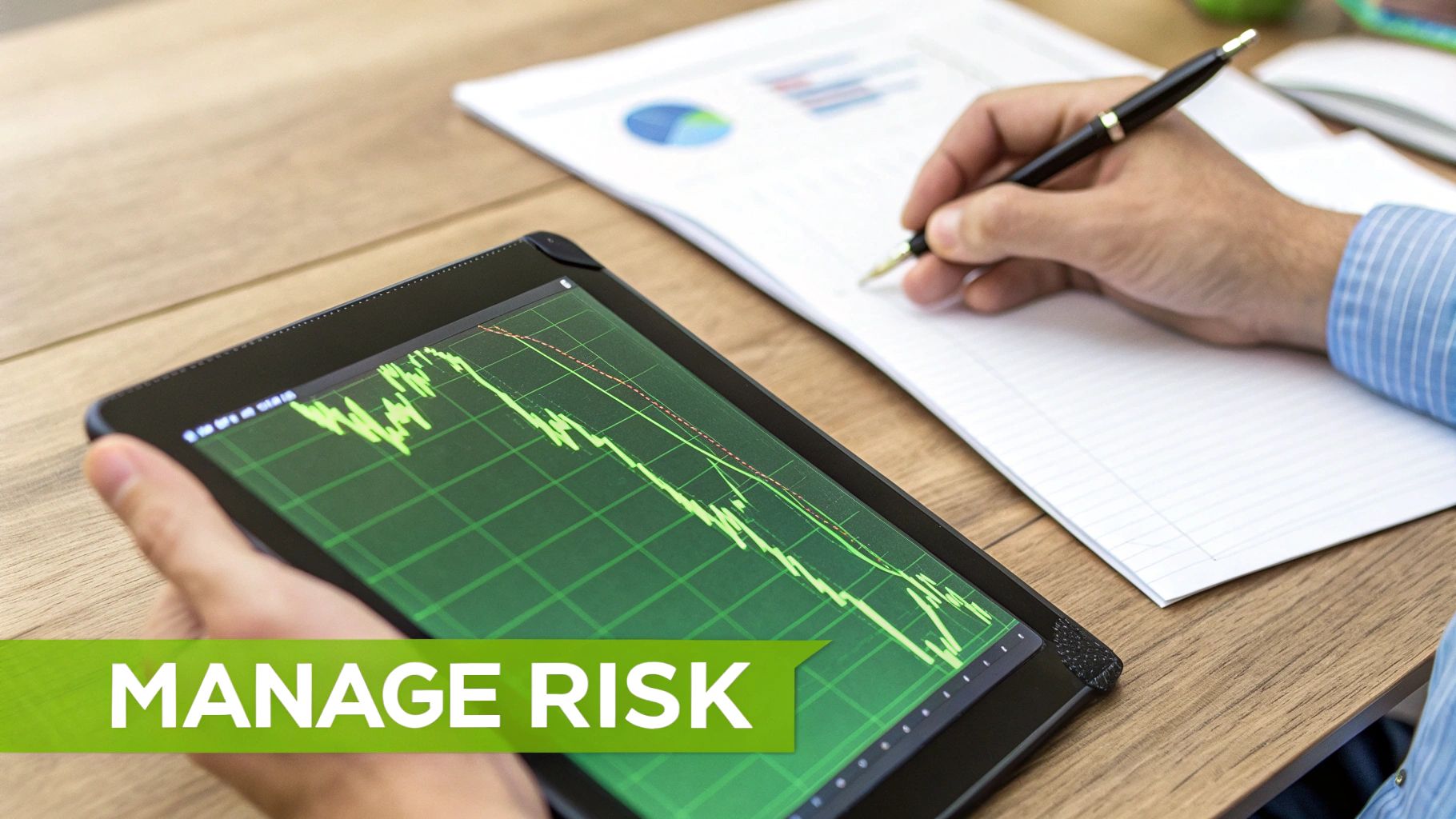 Business professional analyzing stock market charts on tablet while managing investment risk at desk