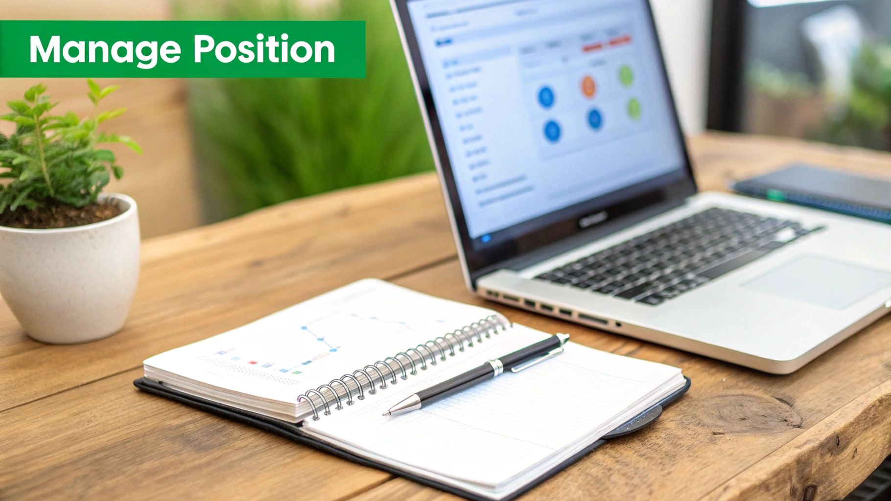 A workstation with a laptop displaying charts, an open notebook with a pen, and a plant on a wooden desk. Text says 'Manage Position'.