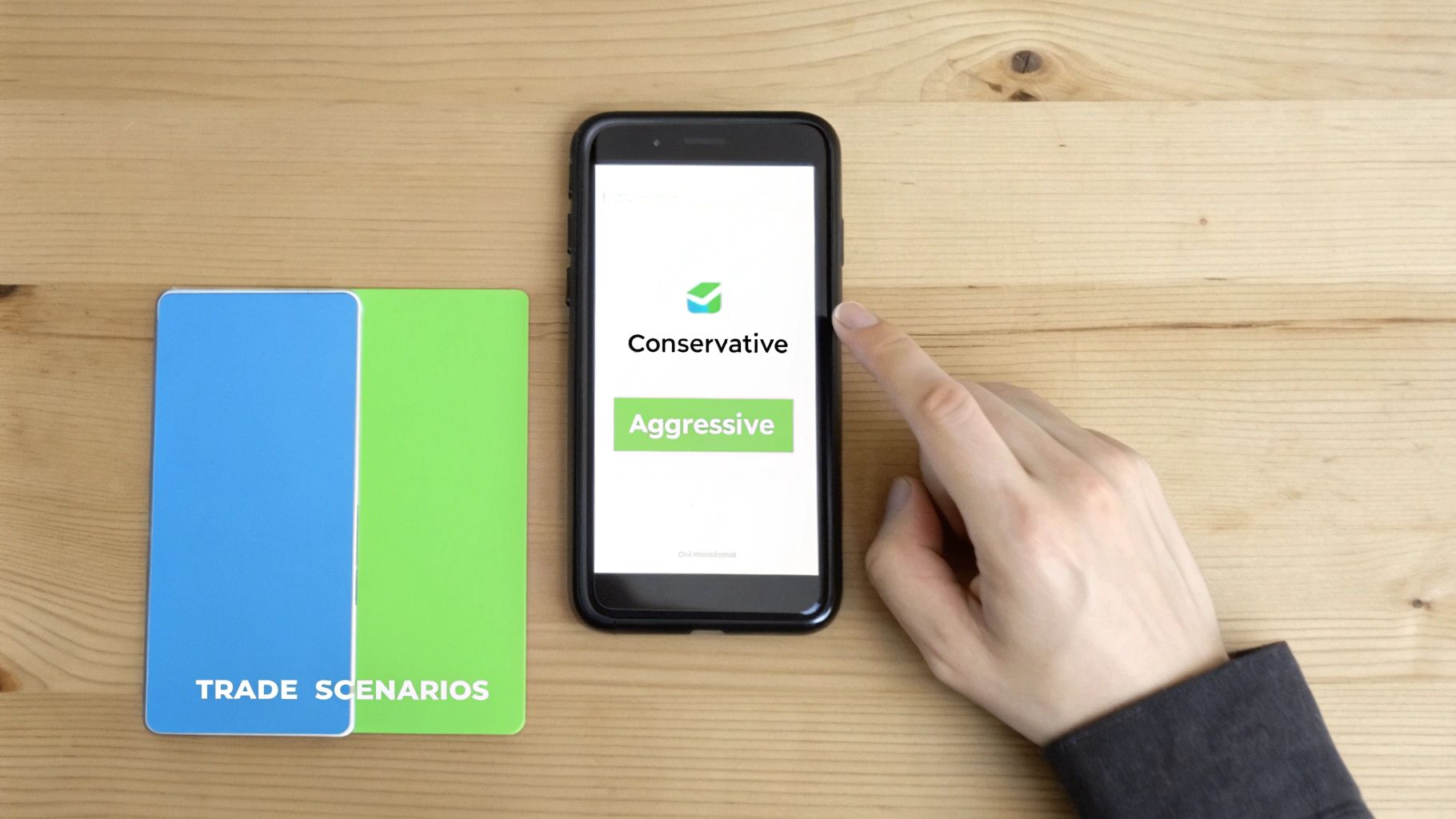 A hand taps a smartphone screen displaying 'Conservative' and 'Aggressive' trading options, next to 'Trade Scenarios' cards.