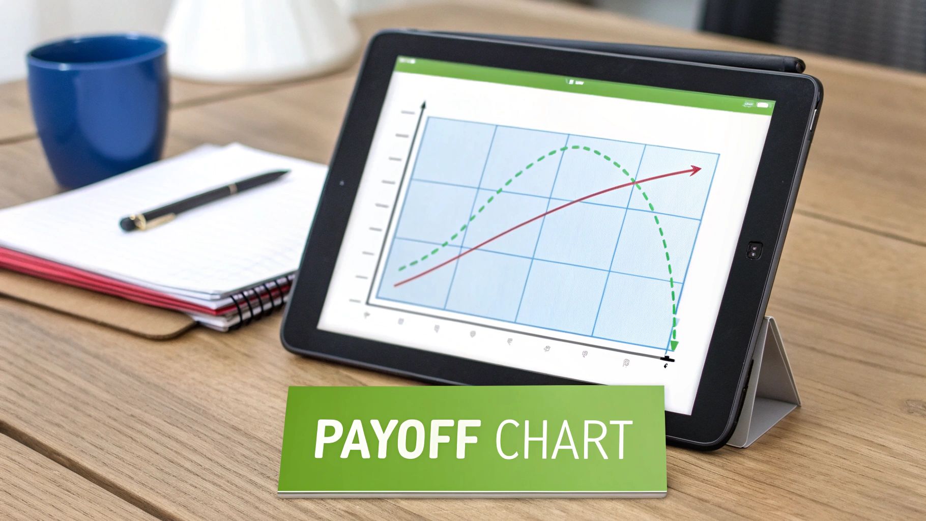 A tablet displaying a payoff chart with two lines on a wooden desk with a notebook and pen.