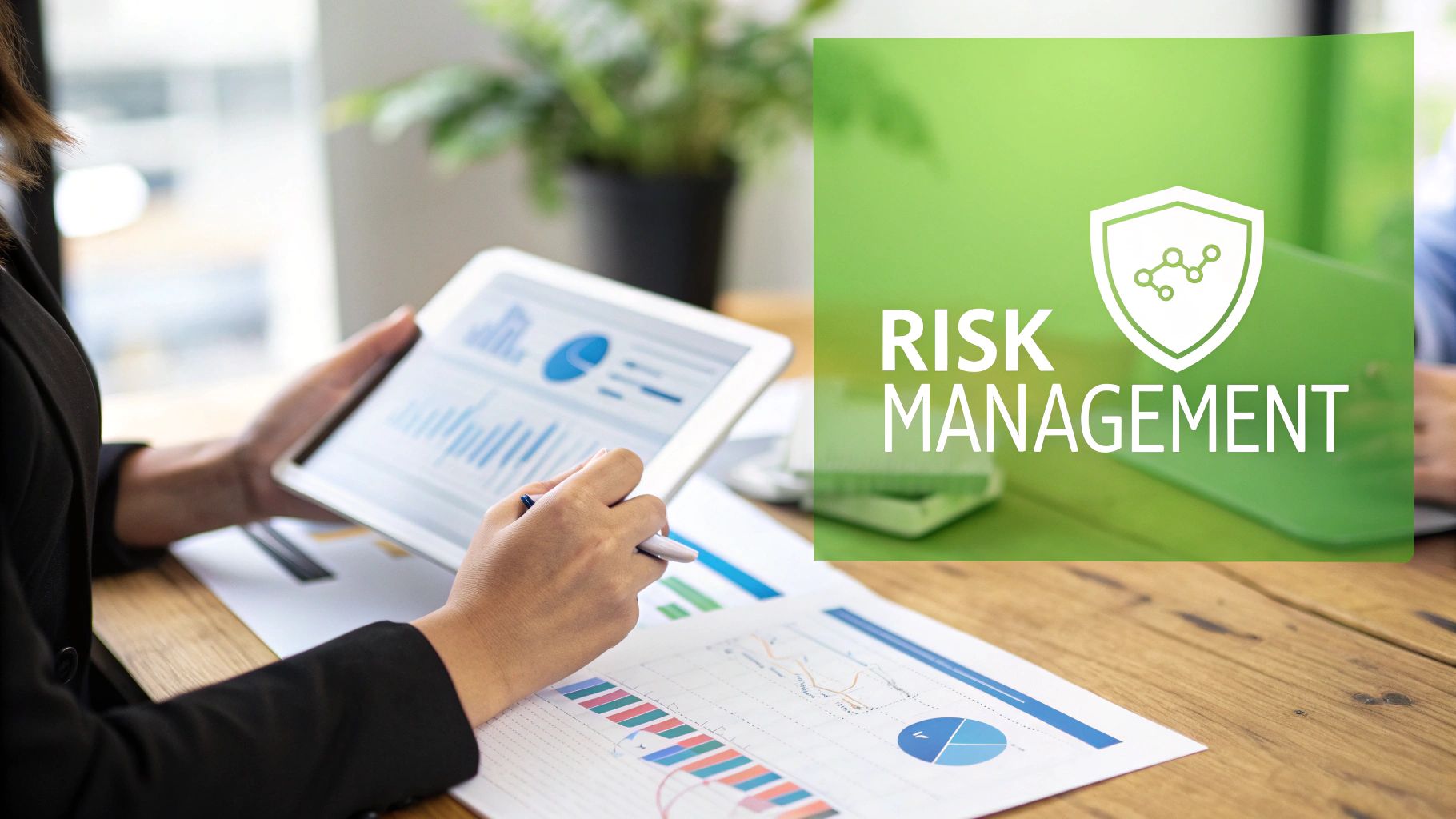 A trader analyzing market data with charts showing volatility and risk indicators.
