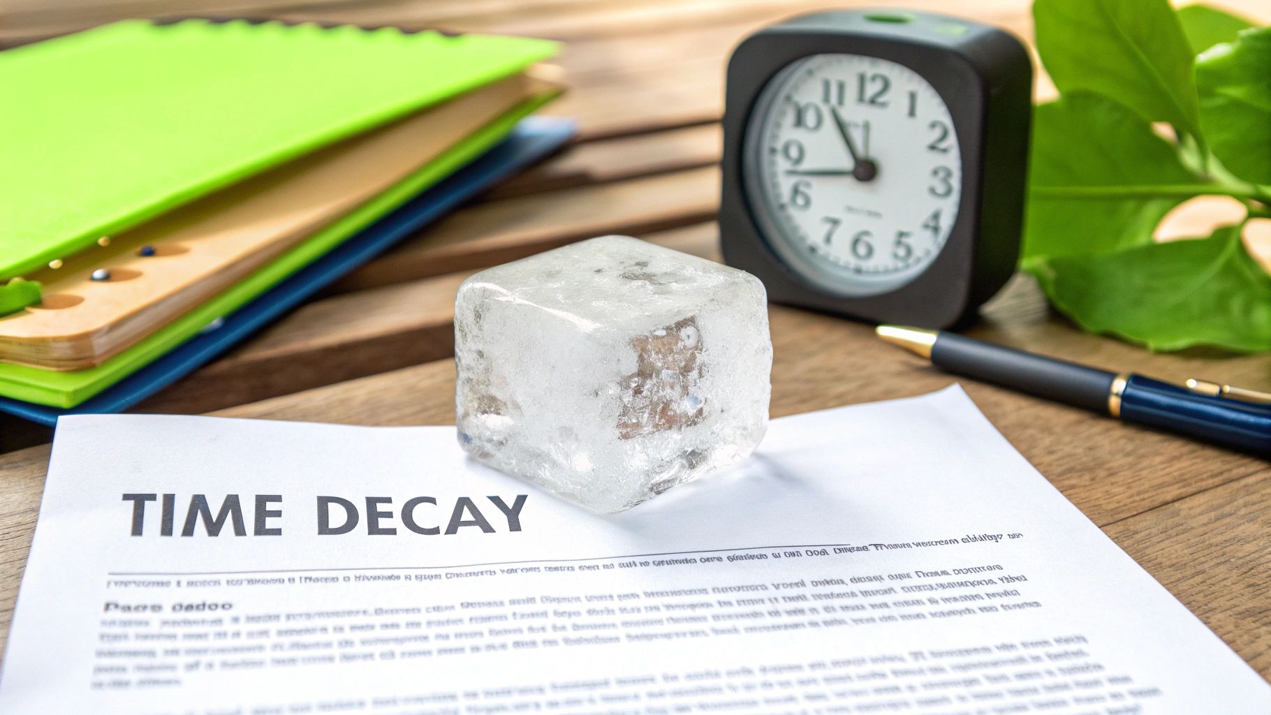 An ice cube sits on a document titled 'TIME DECAY' with a clock, pen, and notebooks.