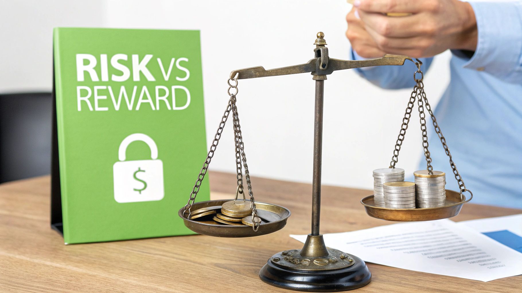 A balance scale with many coins on one side, few on the other, near a 'RISK VS REWARD' sign.